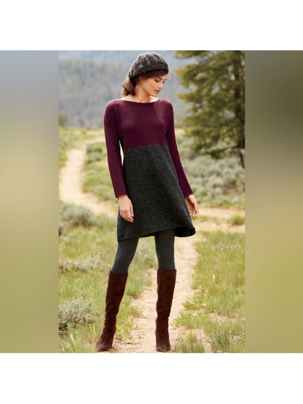 Peruvian Connection Colorblock Knit Sweater Dress in Plum and Charcoal